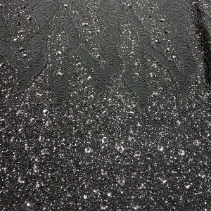 Dantela Couture Gri Antracit cu Model Geometric si Flori, cu Margele si Paiete