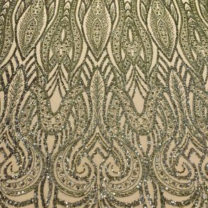 Dantela Couture Olive cu Model Geometric, cu Perle, Margele si Paiete