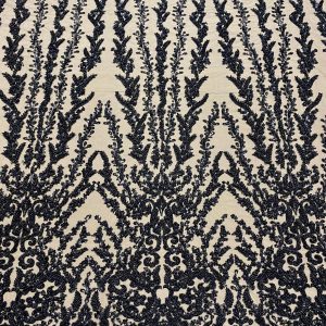 Dantela Couture Neagra cu Model Geometric, cu Margele si Paiete