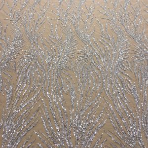 Dantela Couture Argintie cu Siraguri, cu Margele si Paiete