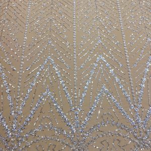 Dantela Couture Argintie cu Tulle Nude cu Model Geometric, cu Perle, Margele si Paiete
