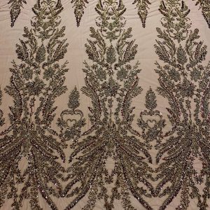 Dantela Couture Auriu Antic cu Model Floral, cu Margele si Paiete