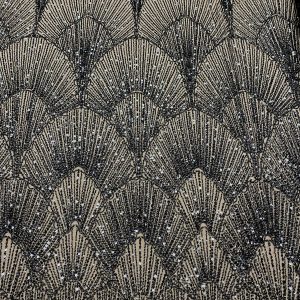 Dantela Couture Neagra cu Model Geometric, cu Perle, Margele si Paiete