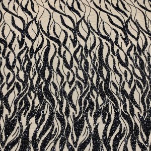 Dantela Couture Neagra cu Siraguri, cu Margele si Paiete