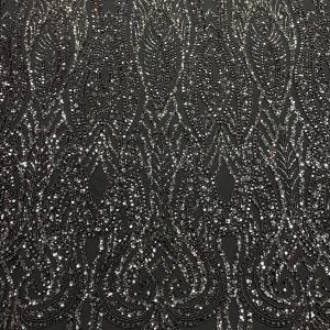 Dantela Couture Gri Antracit cu Model Geometric, cu Perle, Margele si Paiete