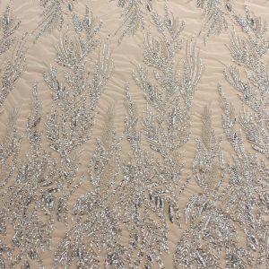 Dantela Couture Argintie cu Frunze, cu Perle, Margele si Paiete