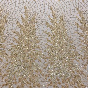 Dantela Couture Aurie cu Frunze, cu Perle, Margele si Paiete