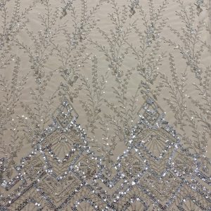 Dantela Couture Argintie cu Model Geometric, cu Margele si Paiete