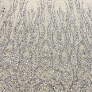 Dantela Couture Argintie cu Model Geometric, cu Margele si Paiete