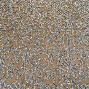 Dantela Couture Argintie cu Tulle Nude cu Margele si Paiete