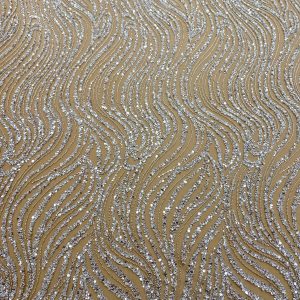 Dantela Couture Argintie cu Tulle Nude cu Model Liniar, cu Margele si Paiete