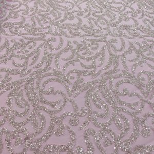 Dantela Couture Argintie cu Tulle Roz Deschis, cu Margele si Paiete