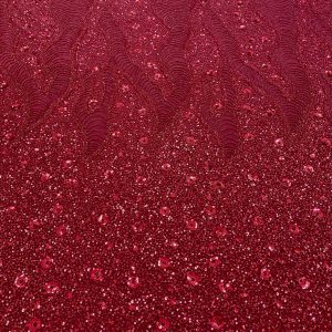 Dantela Couture Bordeaux cu Model Geometric si Flori, cu Margele si Paiete