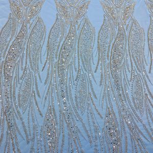 Dantela Couture Argintie pe Tulle Baby Blue cu Panou, cu Perle, Margele si Paiete