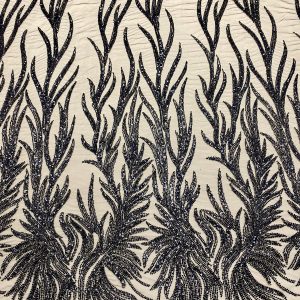 Dantela Couture Neagra cu Siraguri, cu Margele si Paiete