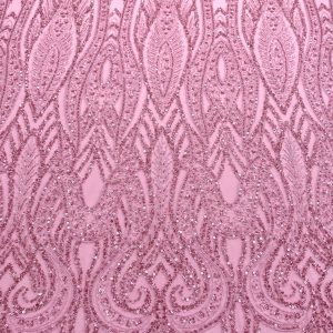 Dantela Couture Roz cu Model Geometric, cu Perle, Margele si Paiete