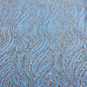 Dantela Couture Argintie cu Tulle Bleu cu Model Liniar, cu Margele si Paiete