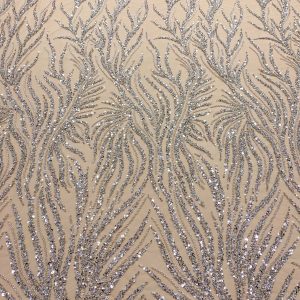 Dantela Couture Argintie cu Tulle Nude cu Siraguri, cu Margele si Paiete