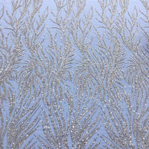 Dantela Couture Argintie cu Tulle Baby Blue cu Siraguri, cu Margele si Paiete