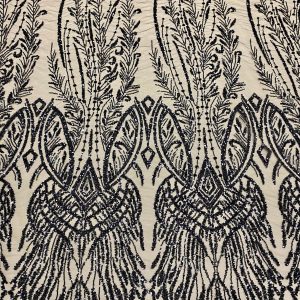 Dantela Couture Neagra cu Model Geometric, cu Margele si Paiete