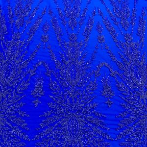 Dantela Couture Albastru Royal cu Model Simetric, cu Margele si Paiete