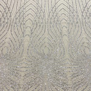 Dantela Couture Argintie cu Panou, cu Perle, Margele si Paiete