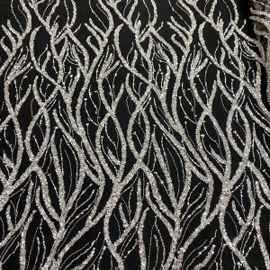 Dantela Couture Argintie cu Tulle Negru cu Siraguri, cu Margele si Paiete