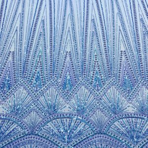 Dantela Couture Sky Blue cu Model Geometric, cu Perle, Margele si Paiete