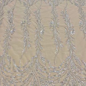 Dantela Couture Argintie cu Frunze, cu Margele si Paiete