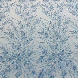 Dantela Couture Bleu cu Model Floral, Perle, Margele si Paiete