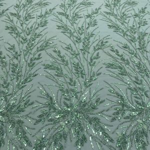 Dantela Couture Verde Ou de Rata cu Model Floral, Perle, Margele si Paiete