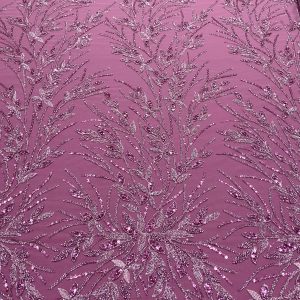 Dantela Couture Magenta cu Model Floral, Perle, Margele si Paiete