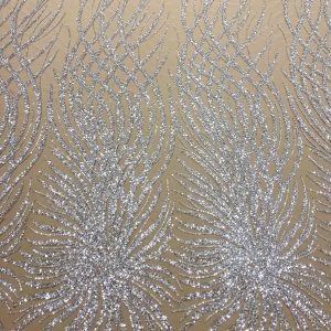 Dantela Couture Argintie cu Siraguri, cu Margele si Paiete