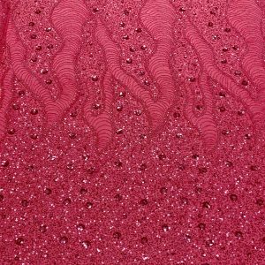 Dantela Couture Roz Coral cu Model Geometric si Flori, cu Margele si Paiete