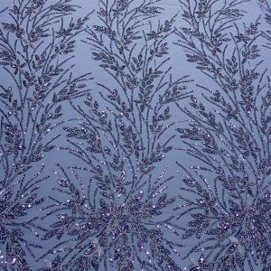 Dantela Couture Albastru Prafuit cu Model Floral, Perle, Margele si Paiete