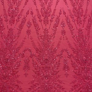 Dantela Couture Roz Coral cu Model Simetric, cu Margele si Paiete