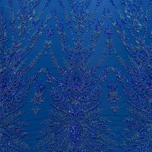 Dantela Couture Albastru Marin cu Model Simetric, cu Margele si Paiete
